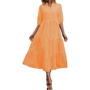 imagechouyatou Womens Retro Plaid Ruffle Hem Dress Puff Lantern Sleeve Notch Neck Gingham Tiered Midi Long DressOrange