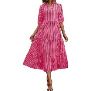 imagechouyatou Womens Retro Plaid Ruffle Hem Dress Puff Lantern Sleeve Notch Neck Gingham Tiered Midi Long DressRed