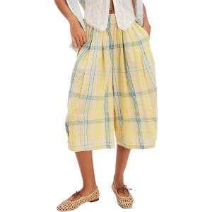 imagechouyatou Womens Retro Plaid Wide Leg Cropped Pants Y2k Baggy Culottes Capri Palazzo Pants with PocketsApricot