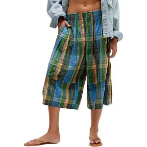 imagechouyatou Womens Retro Plaid Wide Leg Cropped Pants Y2k Baggy Culottes Capri Palazzo Pants with PocketsBlue