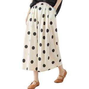imagechouyatou Womens Retro Polka Dot Wide Leg Baggy Pants Elastic Waist Capri Palazzo Pants Culottes with PocketsBeige White