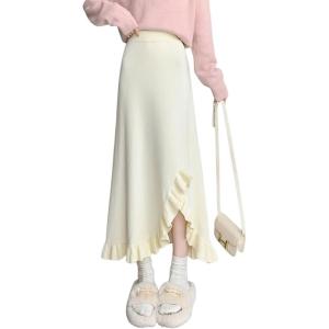 imagechouyatou Womens Sexy Mermaid Ruffle Hem Skirt Elastic Waist High Low Midi Long Knitted SkirtApricot