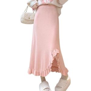 imagechouyatou Womens Sexy Mermaid Ruffle Hem Skirt Elastic Waist High Low Midi Long Knitted SkirtPink