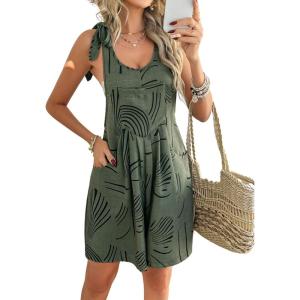 imagechouyatou Womens Sexy Tie Knot Strap bib Overalls Shorts Boho Floral Printed Wide Leg Jumpsuit RompersArmy Green