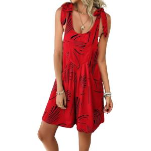 imagechouyatou Womens Sexy Tie Knot Strap bib Overalls Shorts Boho Floral Printed Wide Leg Jumpsuit RompersRed