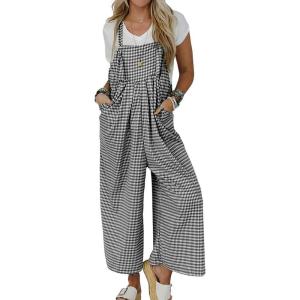 imagechouyatou Womens Sleeveless Plaid Wide Leg Bib Overall Casual Loose Gingham Jumpsuits with PocketsBlack