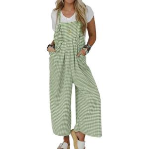 imagechouyatou Womens Sleeveless Plaid Wide Leg Bib Overall Casual Loose Gingham Jumpsuits with PocketsGreen