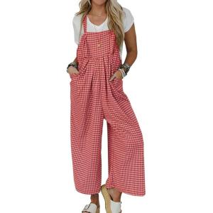 imagechouyatou Womens Sleeveless Plaid Wide Leg Bib Overall Casual Loose Gingham Jumpsuits with PocketsRed