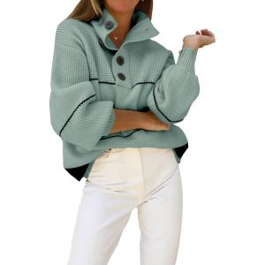 imagechouyatou Womens Slouchy Waffle Knit Sweater 12 Button Polo Collared Pullover Striped Sweater TopsGreen