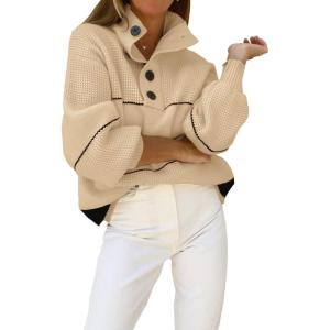 imagechouyatou Womens Slouchy Waffle Knit Sweater 12 Button Polo Collared Pullover Striped Sweater TopsKhaki