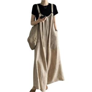 imagechouyatou Womens Spaghetti Strap Overall Pants Wide Leg Adjustable Strap Long Bib Jumpsuits with PocketsKhaki