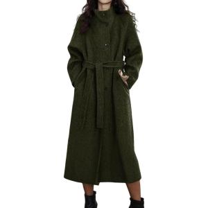 imagechouyatou Womens Stand Collar Midi Long Wool Coats Fall Winter Single Breasted Trench Coat PeacoatArmy Green