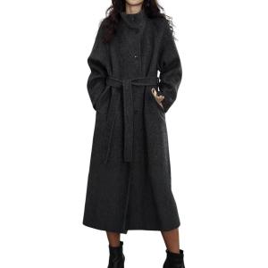 imagechouyatou Womens Stand Collar Midi Long Wool Coats Fall Winter Single Breasted Trench Coat PeacoatDark Grey