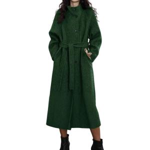imagechouyatou Womens Stand Collar Midi Long Wool Coats Fall Winter Single Breasted Trench Coat PeacoatGreen