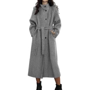 imagechouyatou Womens Stand Collar Midi Long Wool Coats Fall Winter Single Breasted Trench Coat PeacoatGrey