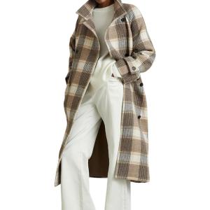 imagechouyatou Womens Stand Collar Plaid Wool Coat Peacoat Winter Overcoat Mid Long Trench Coat with BeltKhaki