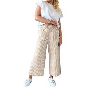 imagechouyatou Womens Striped Wide Leg Cotton Linen Pants Elastic Waist Loose Palazzo Trousers with PocketsApricot