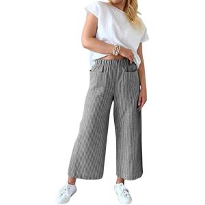 imagechouyatou Womens Striped Wide Leg Cotton Linen Pants Elastic Waist Loose Palazzo Trousers with PocketsBlack