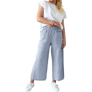 imagechouyatou Womens Striped Wide Leg Cotton Linen Pants Elastic Waist Loose Palazzo Trousers with PocketsBlue