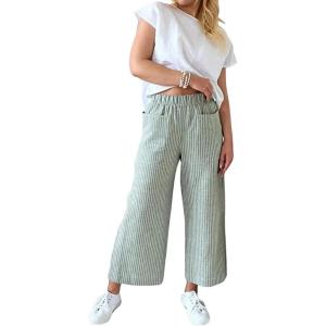 imagechouyatou Womens Striped Wide Leg Cotton Linen Pants Elastic Waist Loose Palazzo Trousers with PocketsGreen