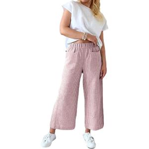 imagechouyatou Womens Striped Wide Leg Cotton Linen Pants Elastic Waist Loose Palazzo Trousers with PocketsPink
