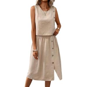 imagechouyatou Womens Summer 2 Piece Outfits Button Crop Tank Top Pleated Midi Skirt Matching SetKhaki