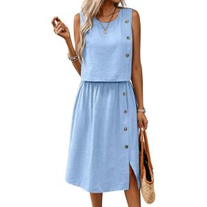 imagechouyatou Womens Summer 2 Piece Outfits Button Crop Tank Top Pleated Midi Skirt Matching SetLight Blue