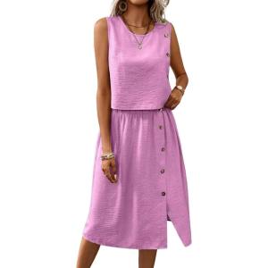 imagechouyatou Womens Summer 2 Piece Outfits Button Crop Tank Top Pleated Midi Skirt Matching SetPink