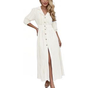imagechouyatou Womens Summer 34 Sleeve Striped Shirt Dress Elastic High Waisted Beach Maxi Long Button Down DressApricot