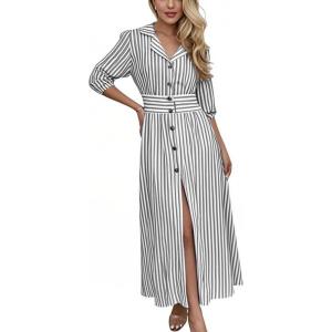 imagechouyatou Womens Summer 34 Sleeve Striped Shirt Dress Elastic High Waisted Beach Maxi Long Button Down DressGrey
