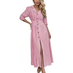 imagechouyatou Womens Summer 34 Sleeve Striped Shirt Dress Elastic High Waisted Beach Maxi Long Button Down DressRed