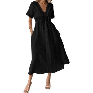 imagechouyatou Womens Summer Boho VNeck Cotton Tunic Dress Casual Loose Short Sleeve Midi Long Beach DressBlack