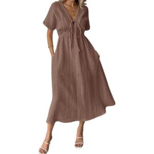 imagechouyatou Womens Summer Boho VNeck Cotton Tunic Dress Casual Loose Short Sleeve Midi Long Beach DressBrown