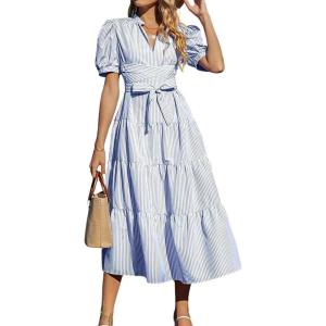 imagechouyatou Womens Summer Business Casual Stripe Shirt Dress Puff Short Sleeve Tiered Midi Long Beach DressBlue