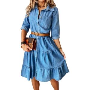 imagechouyatou Womens Summer Casual Denim Shirt Dress Tiered ALine Midi Button Down Jean DressBlue