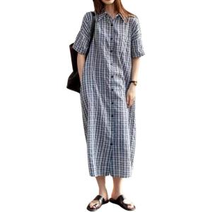 imagechouyatou Womens Summer Casual Short Sleeve Plaid Shirt Dress Button Down Gingham Midi Long Shift DressNavy Blue