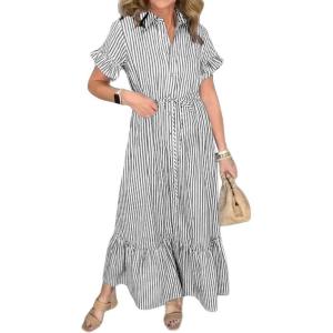 imagechouyatou Womens Summer Loose Stripe Maxi Shirt Dress Short Sleeve Drawstring Long Button Down Dress SundressBlack
