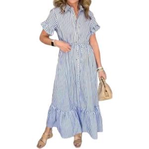 imagechouyatou Womens Summer Loose Stripe Maxi Shirt Dress Short Sleeve Drawstring Long Button Down Dress SundressBlue