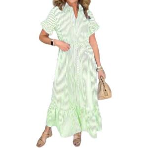 imagechouyatou Womens Summer Loose Stripe Maxi Shirt Dress Short Sleeve Drawstring Long Button Down Dress SundressGreen