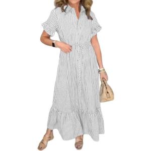 imagechouyatou Womens Summer Loose Stripe Maxi Shirt Dress Short Sleeve Drawstring Long Button Down Dress SundressGrey