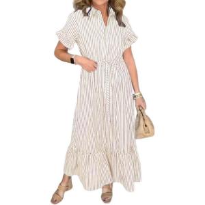imagechouyatou Womens Summer Loose Stripe Maxi Shirt Dress Short Sleeve Drawstring Long Button Down Dress SundressKhaki