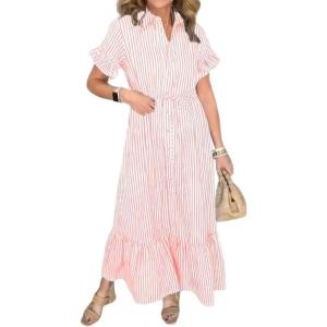 imagechouyatou Womens Summer Loose Stripe Maxi Shirt Dress Short Sleeve Drawstring Long Button Down Dress SundressOrange Pink