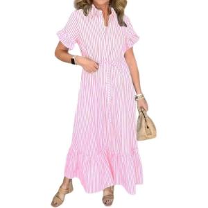 imagechouyatou Womens Summer Loose Stripe Maxi Shirt Dress Short Sleeve Drawstring Long Button Down Dress SundressPink