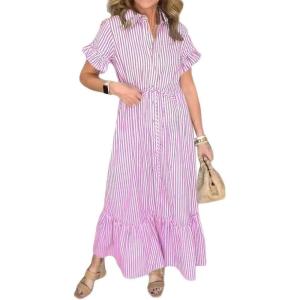 imagechouyatou Womens Summer Loose Stripe Maxi Shirt Dress Short Sleeve Drawstring Long Button Down Dress SundressPurple