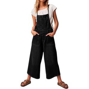 imagechouyatou Womens Summer Loose Wide Leg Denim Bib Overalls Y2k Baggy Cropped Jeans JumpsuitsBlack
