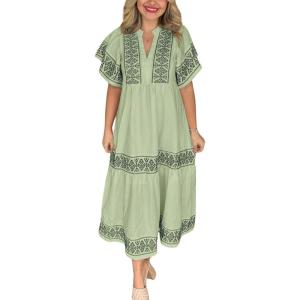 imagechouyatou Womens Summer Printed Floral Dress Casual Notch Neck Cotton Midi Long Mexican Tunic DressGreen