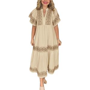 imagechouyatou Womens Summer Printed Floral Dress Casual Notch Neck Cotton Midi Long Mexican Tunic DressKhaki