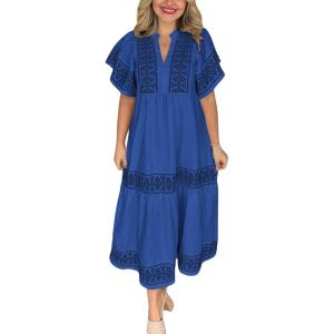 imagechouyatou Womens Summer Printed Floral Dress Casual Notch Neck Cotton Midi Long Mexican Tunic DressNavy Blue