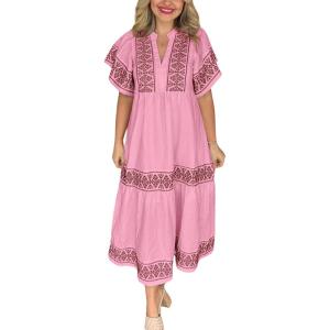 imagechouyatou Womens Summer Printed Floral Dress Casual Notch Neck Cotton Midi Long Mexican Tunic DressPink