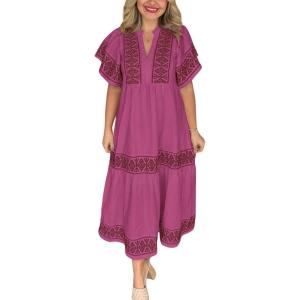 imagechouyatou Womens Summer Printed Floral Dress Casual Notch Neck Cotton Midi Long Mexican Tunic DressWine Red